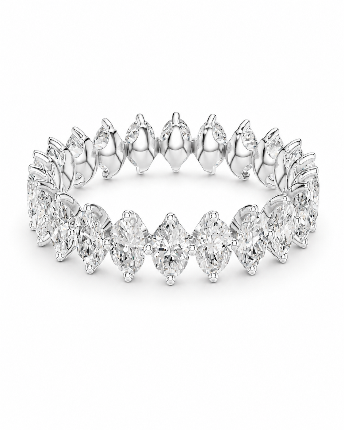 color_925_SIL,color_935_ARG,color_10K_WG, color_14K_WG &&A silver-toned diamond eternity band ring featuring marquise-cut and round brilliant diamonds set in a polished white metal, shown on a clean white background.