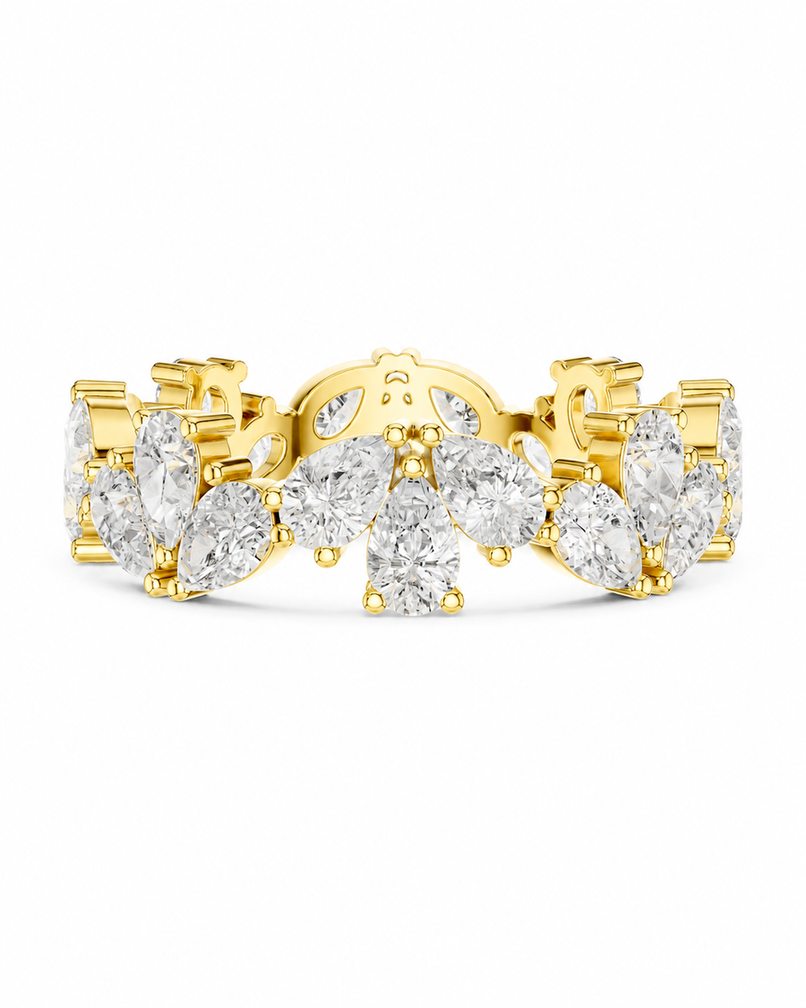 color_10K_YG, color_14K_YG &&A yellow gold diamond band ring featuring multiple marquise and round-cut diamonds set in a continuous row, shown against a plain white background.