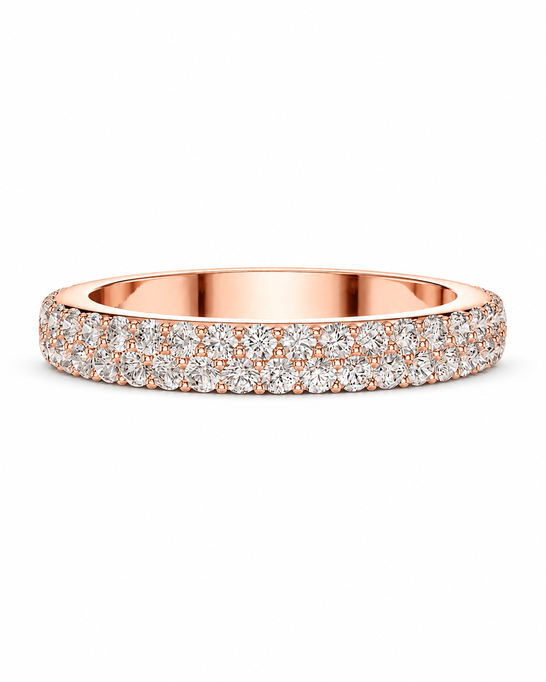 color_10K_RG, color_14K_RG &&A rose gold eternity ring paved with round diamonds on a clean white background.