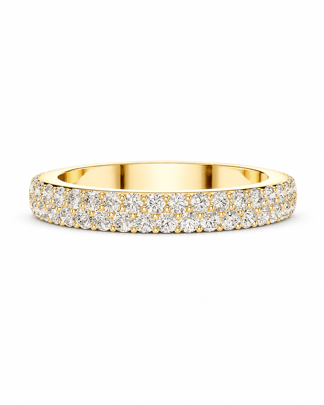 color_10K_YG, color_14K_YG &&A yellow gold eternity ring set with two rows of round-cut diamonds on a clean white background.