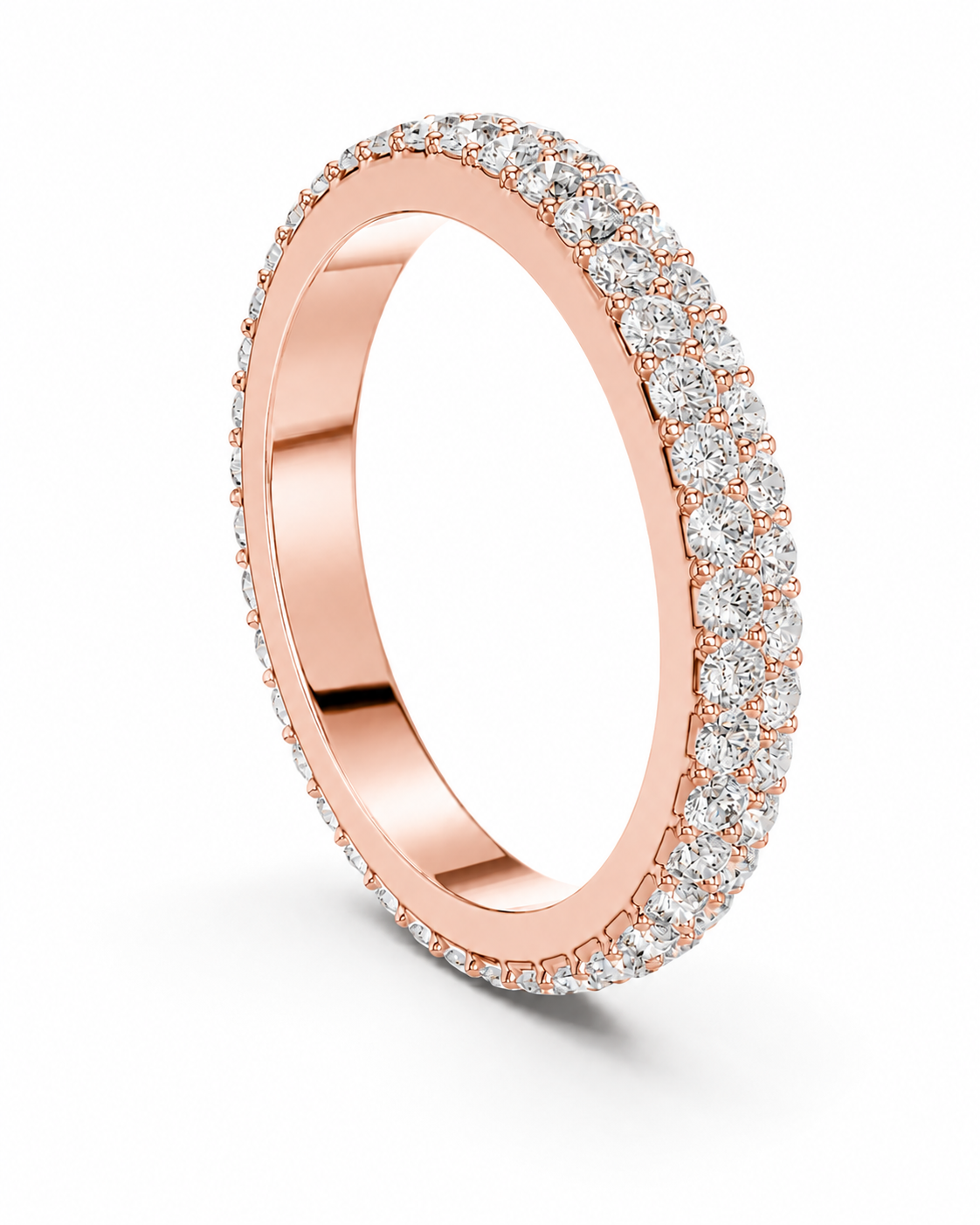 color_10K_RG, color_14K_RG &&A rose gold eternity ring paved with round brilliant-cut diamonds, shown at an angle on a clean white background.