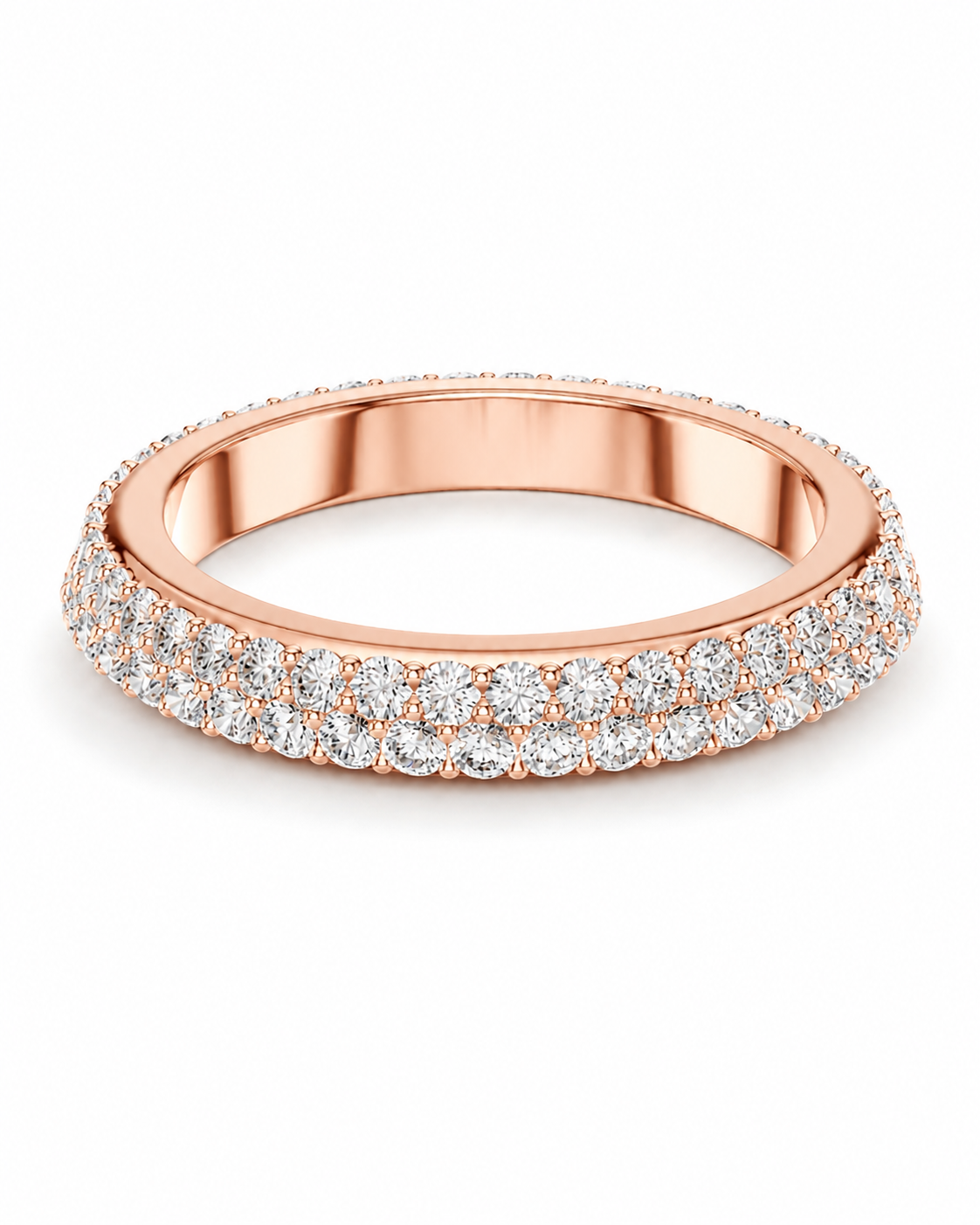 color_10K_RG, color_14K_RG &&A rose gold eternity ring featuring two rows of round-cut clear gemstones, shown on a clean white background.