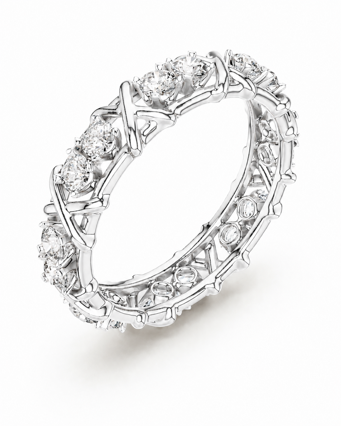 color_925_SIL,color_935_ARG,color_10K_WG, color_14K_WG &&A silver-toned eternity ring set with numerous round-cut clear gemstones, shown on a clean white background.