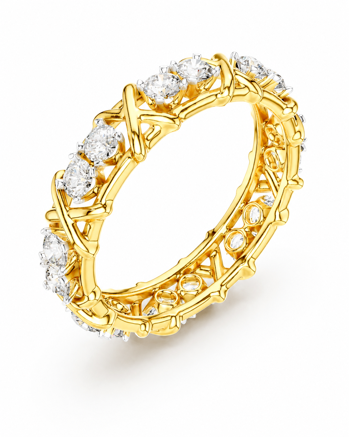 color_10K_YG, color_14K_YG &&A yellow gold eternity ring featuring a textured, basketweave-like band set with round brilliant-cut diamonds on a clean white background.