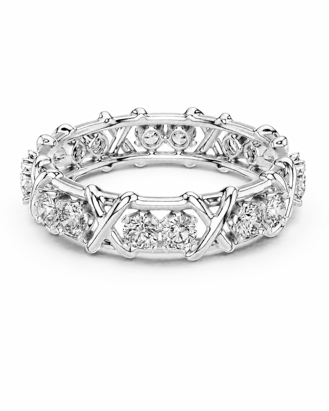 color_925_SIL,color_935_ARG,color_10K_WG, color_14K_WG &&A silver-tone diamond eternity ring with a continuous band of round-cut stones set in an openwork geometric pattern, shown on a clean white background.