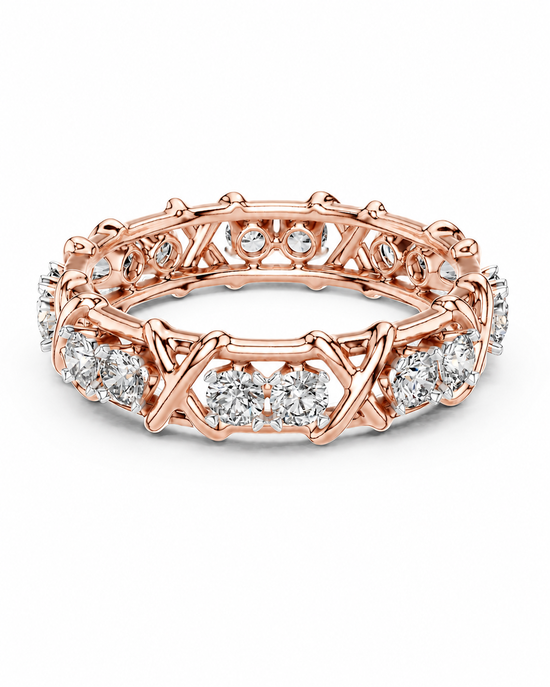 color_10K_RG, color_14K_RG &&A rose gold eternity ring featuring a geometric openwork band with rows of round brilliant-cut diamonds, shown on a clean white background.
