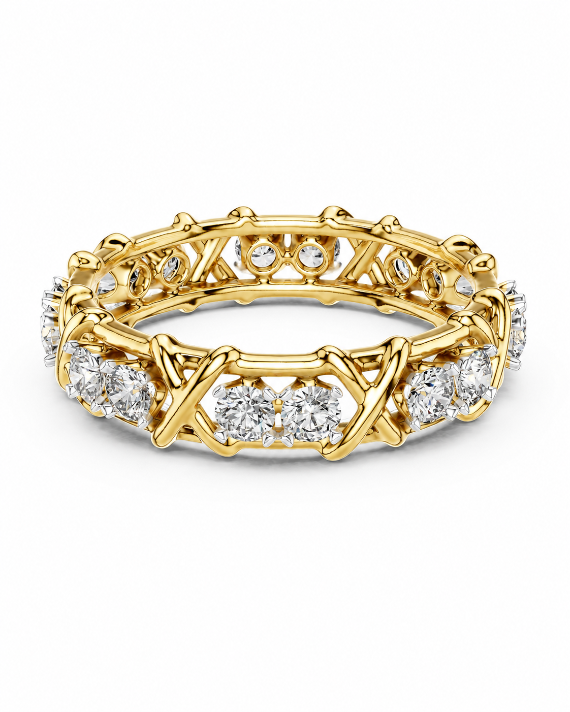 color_10K_YG, color_14K_YG &&A yellow gold eternity ring featuring a crisscross lattice design on the top and clear gemstones set along the band, shown on a plain white background.