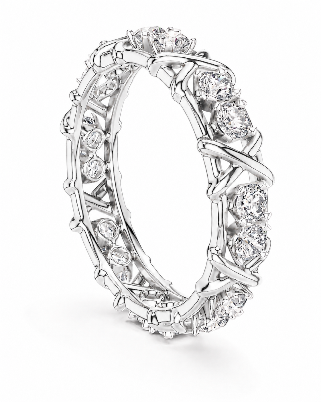 color_925_SIL,color_935_ARG,color_10K_WG, color_14K_WG &&A silver-toned eternity ring featuring multiple round-cut clear stones set in a crisscross, twig-like openwork design, shown on a clean white background.