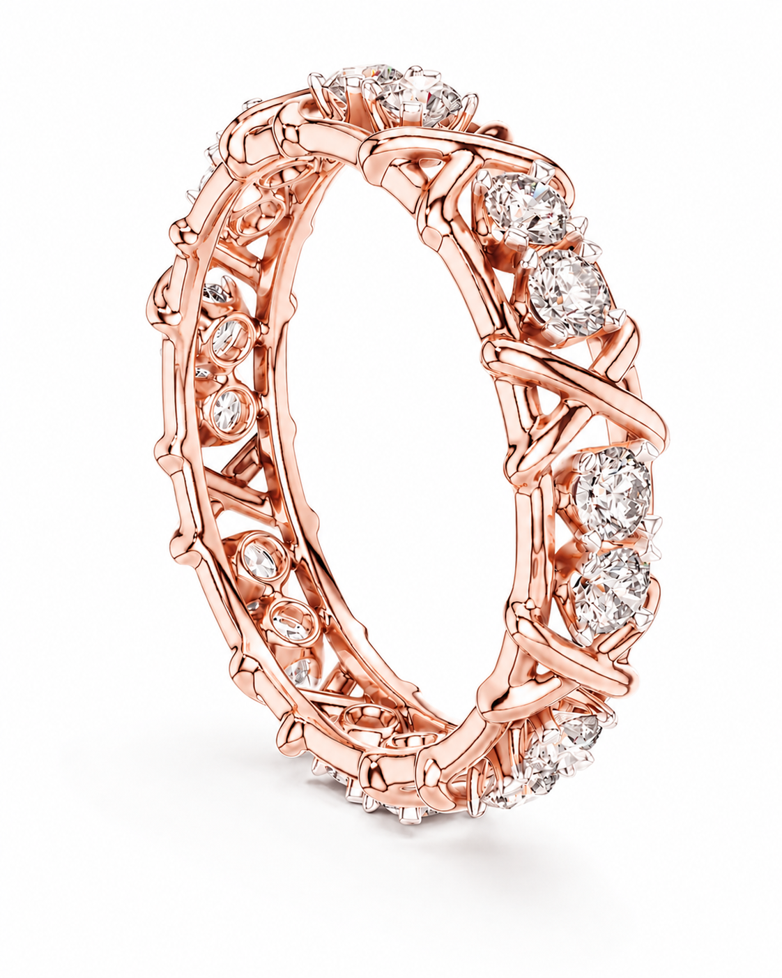 color_10K_RG, color_14K_RG &&A rose gold eternity ring featuring a textured, twig-like band encrusted with clear round-cut diamonds, shown on a clean white background.