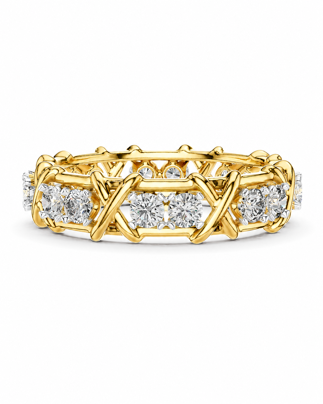 color_10K_YG, color_14K_YG &&A yellow gold eternity ring featuring a crisscross openwork band channel-set with round brilliant-cut diamonds on both sides, shown against a plain white background.