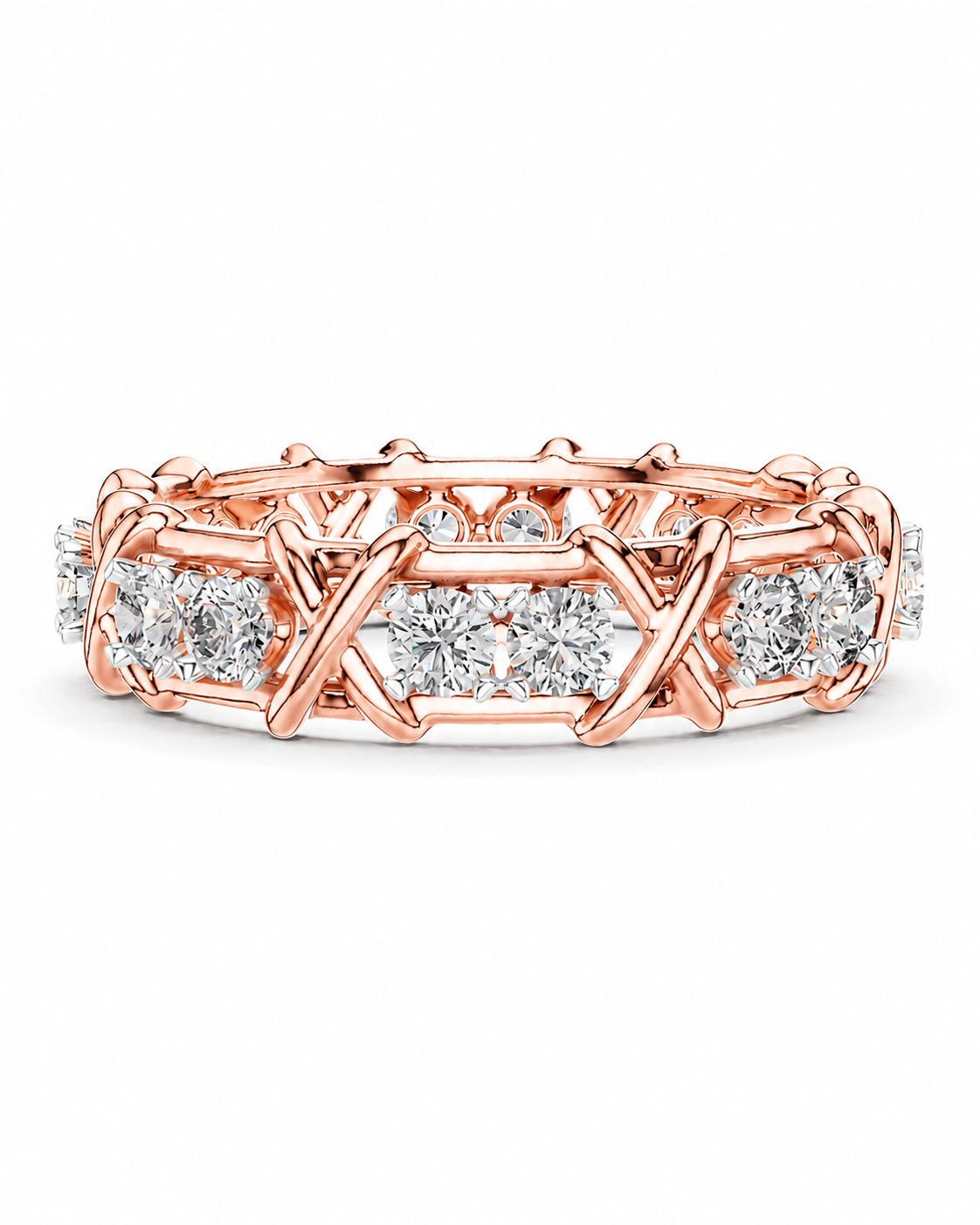 color_10K_RG, color_14K_RG &&A rose gold eternity band ring featuring a geometric openwork design with channels set with round brilliant-cut diamonds, shown on a clean white background.