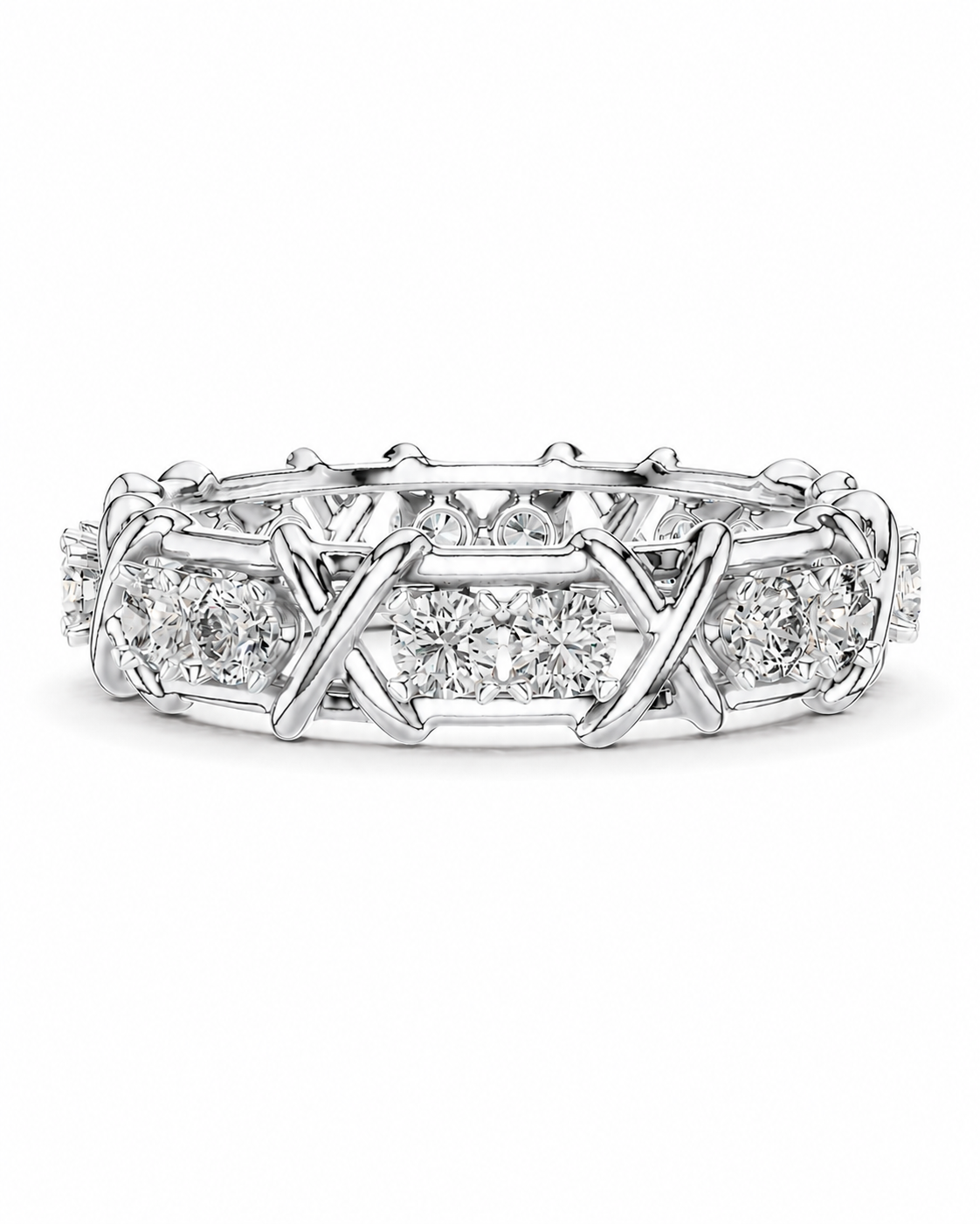 color_925_SIL,color_935_ARG,color_10K_WG, color_14K_WG &&A diamond eternity ring in white gold or platinum, featuring a continuous band of round-cut diamonds set in an openwork geometric pattern with interlocking X-like motifs.