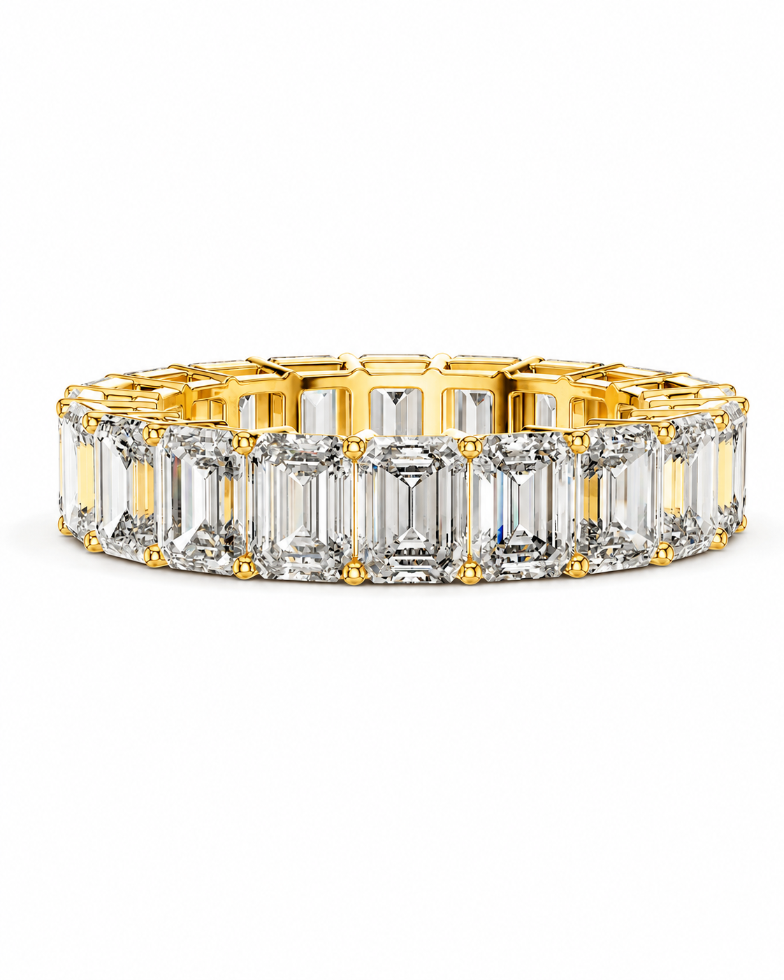 color_10K_YG, color_14K_YG &&A yellow gold eternity-style ring band set with clear baguette-cut gemstones, photographed on a clean white background.
