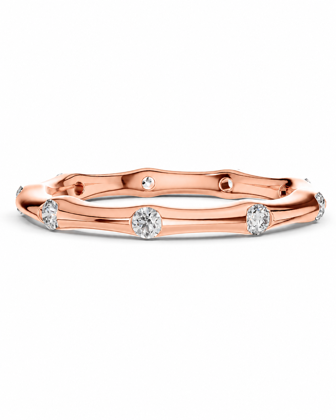 color_10K_RG, color_14K_RG &&A rose gold band ring featuring five bezel-set round diamonds spaced evenly along the front, photographed on a clean white background.