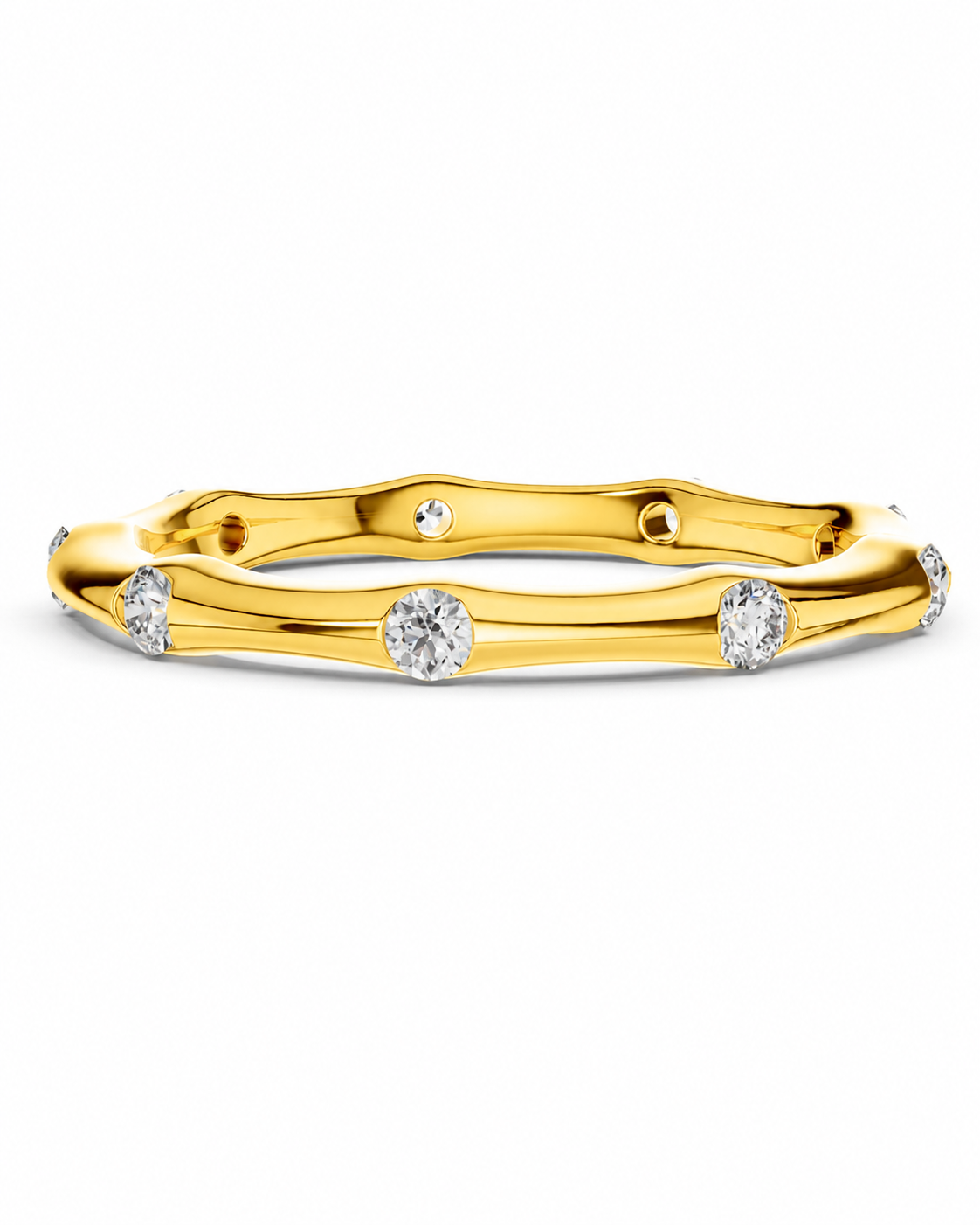 color_10K_YG, color_14K_YG &&A yellow gold band ring featuring a bamboo-inspired segmented design with round-cut clear gemstones set along the front, photographed on a clean white background.