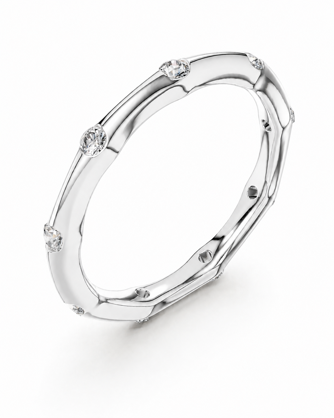 color_925_SIL,color_935_ARG,color_10K_WG, color_14K_WG &&A polished silver-toned ring band with a textured, organic segmented design and small round clear gemstones set along the outer edge, shown on a clean white background.