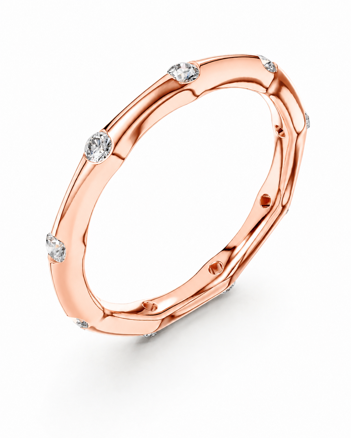 color_10K_RG, color_14K_RG &&A polished rose gold band ring with small, evenly spaced round-cut clear gemstones, shown on a clean white background.