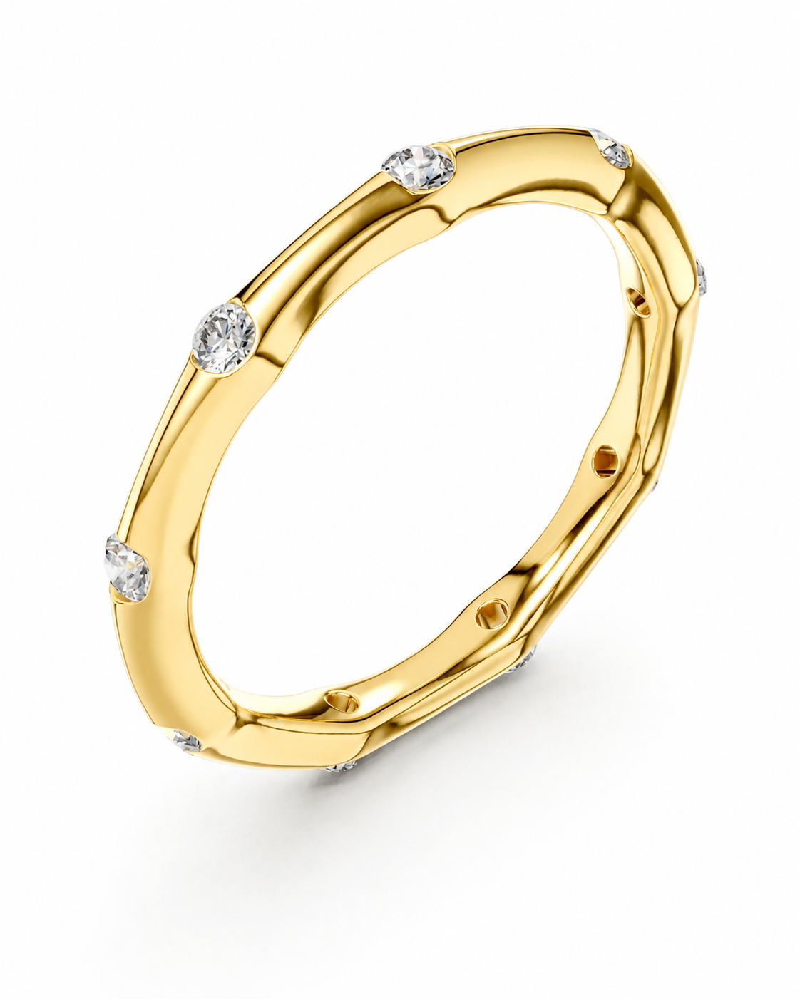 color_10K_YG, color_14K_YG &&A polished yellow gold band ring featuring a series of small, evenly spaced round-cut clear gemstones set along the outer surface, shown on a clean white background.