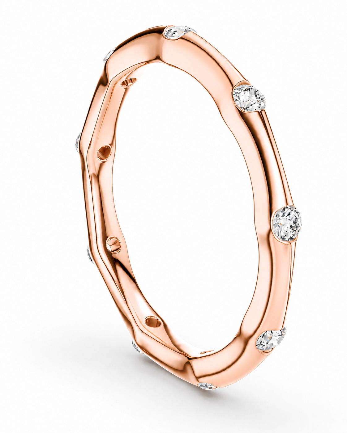 color_10K_RG, color_14K_RG &&A rose gold band ring with a textured, organic wavy shape and small round-cut clear gemstones set along the outer edge, shown on a clean white background.