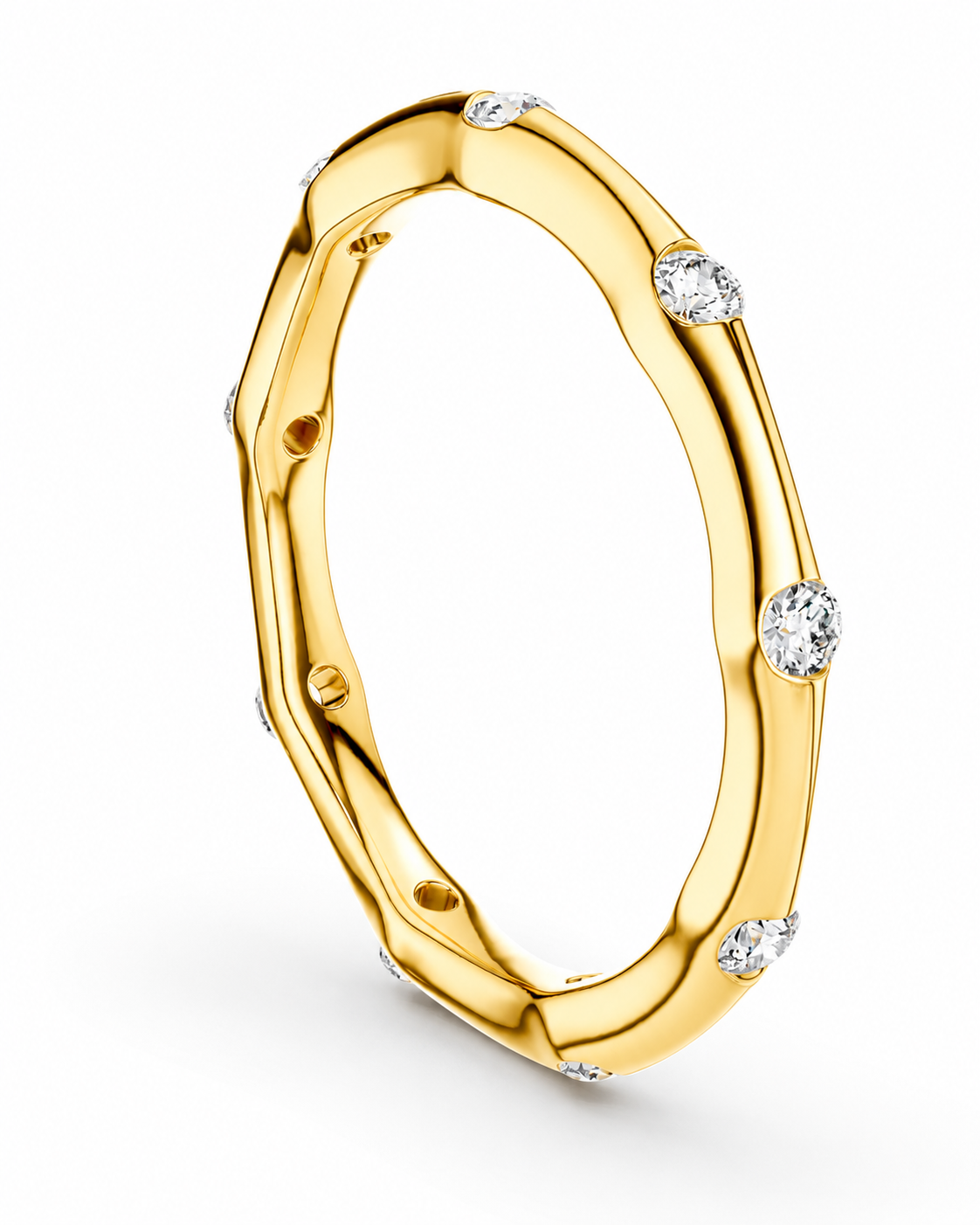 color_10K_YG, color_14K_YG &&A yellow gold band ring with a wavy, organic textured edge and small round clear gemstones set along the outer surface, shown on a clean white background.