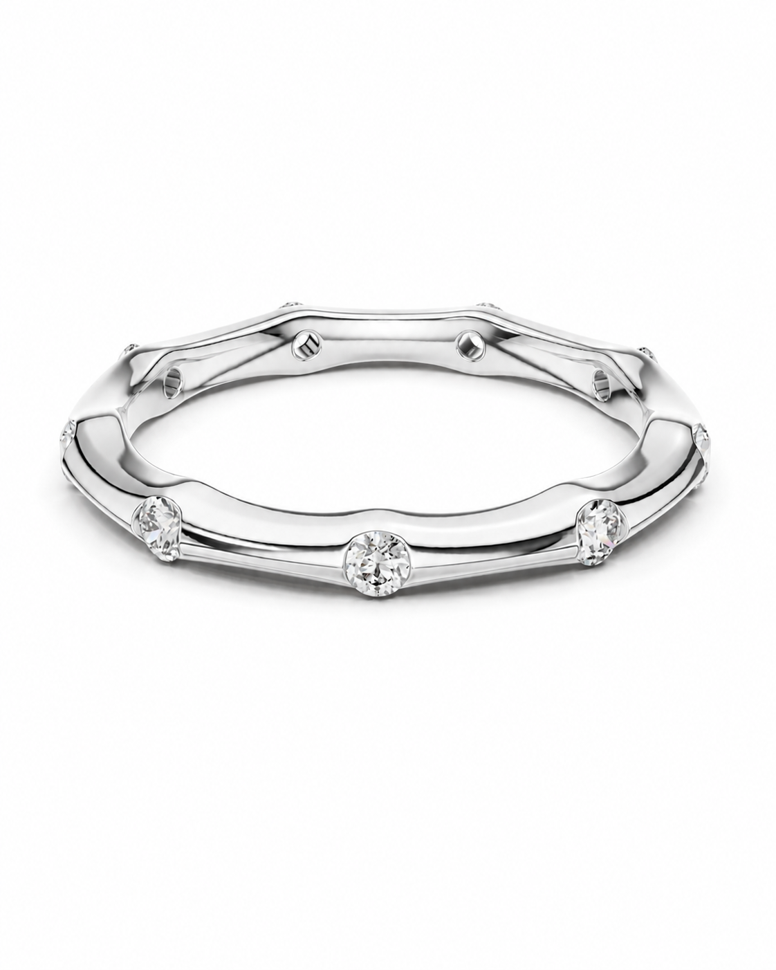 color_925_SIL,color_935_ARG,color_10K_WG, color_14K_WG &&A silver-toned geometric bangle ring with small clear round-cut stones set along the front, photographed on a clean white background.