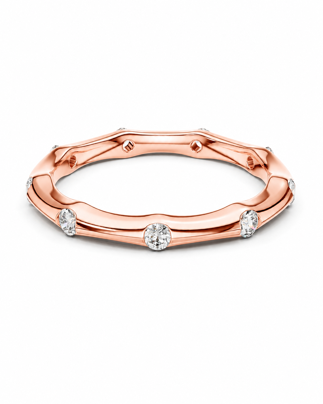 color_10K_RG, color_14K_RG &&A rose gold geometric band ring with small round-cut clear gemstones set along the front, photographed on a clean white background.