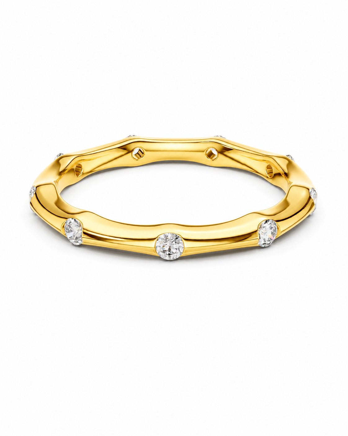 color_10K_YG, color_14K_YG &&A yellow gold ring with a textured, segmented outer band and five small round-cut clear gemstones set along the front, shown on a plain white background.