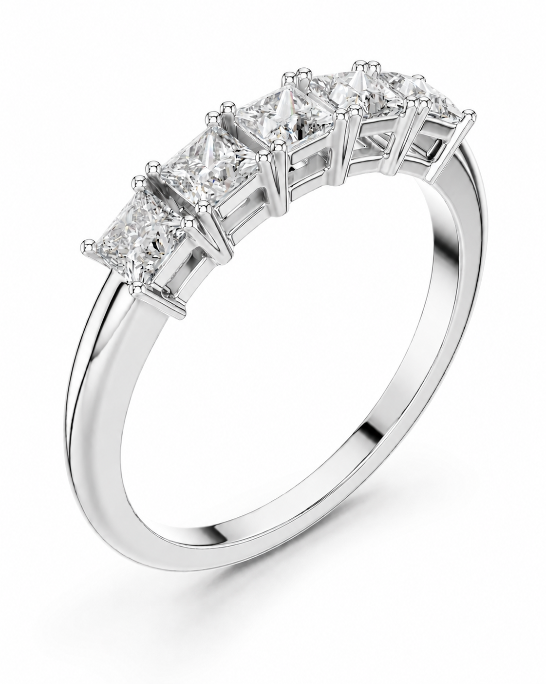 color_925_SIL,color_935_ARG,color_10K_WG, color_14K_WG &&A silver five-stone diamond ring featuring princess-cut diamonds in a classic three-quarter setting, shown on a clean white background.