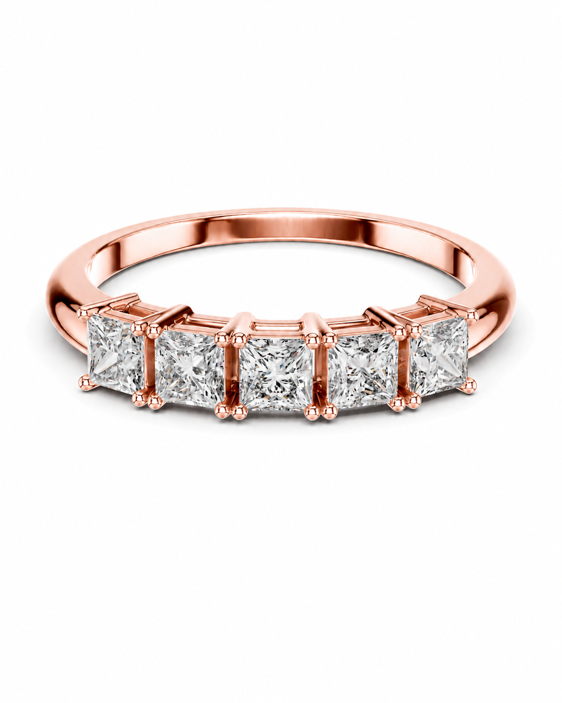 color_10K_RG, color_14K_RG &&A rose gold ring featuring a row of five princess-cut diamond solitaire settings, shown on a clean white background.