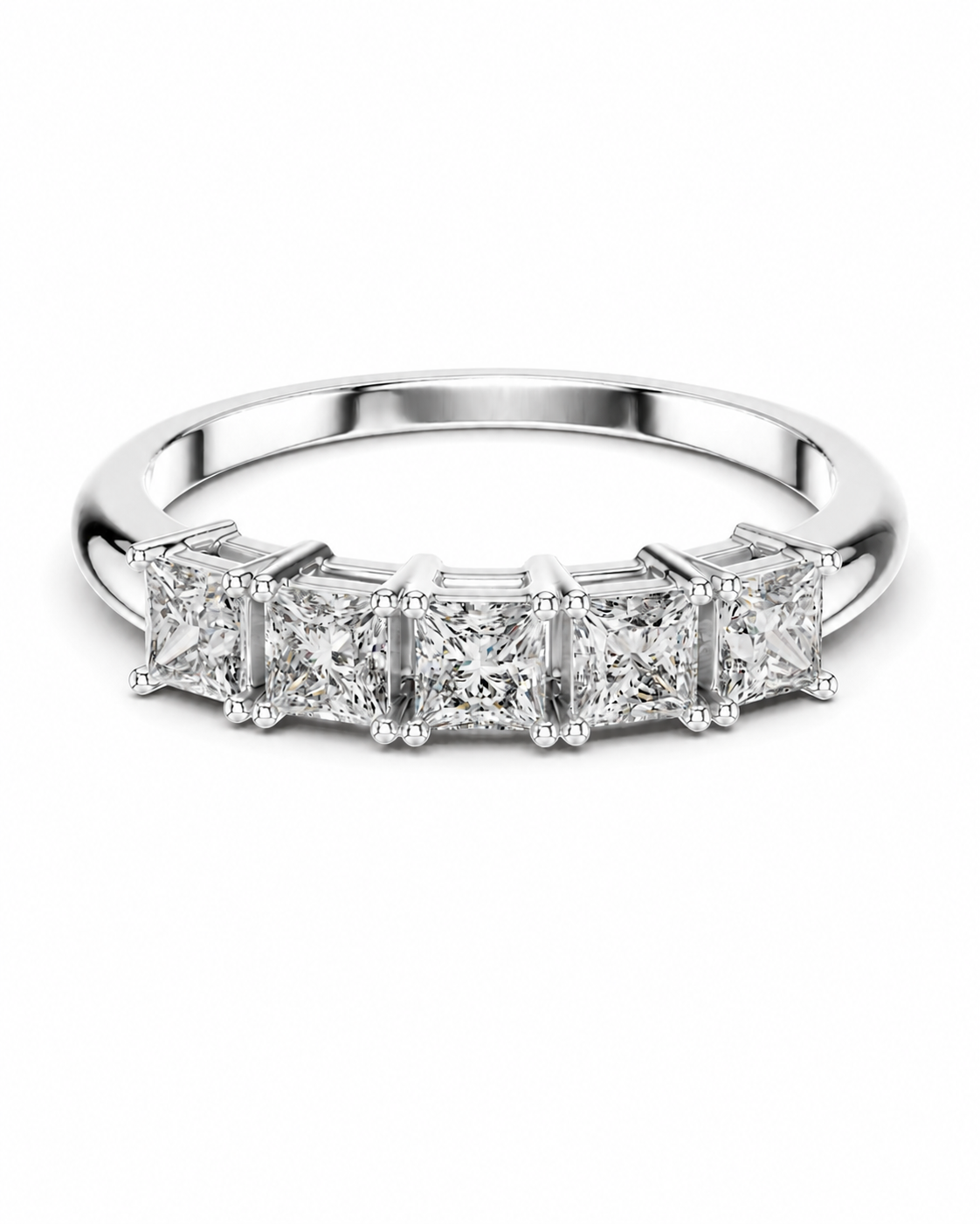color_925_SIL,color_935_ARG,color_10K_WG, color_14K_WG &&A five-stone diamond ring featuring princess-cut diamonds set in a polished silver-colored band, shown against a plain white background.