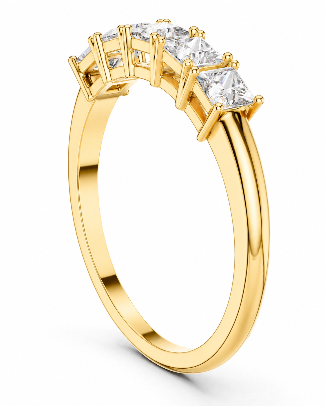 color_10K_YG, color_14K_YG &&A yellow gold five-stone ring featuring princess-cut clear diamonds in a prong setting, shown on a clean white background.