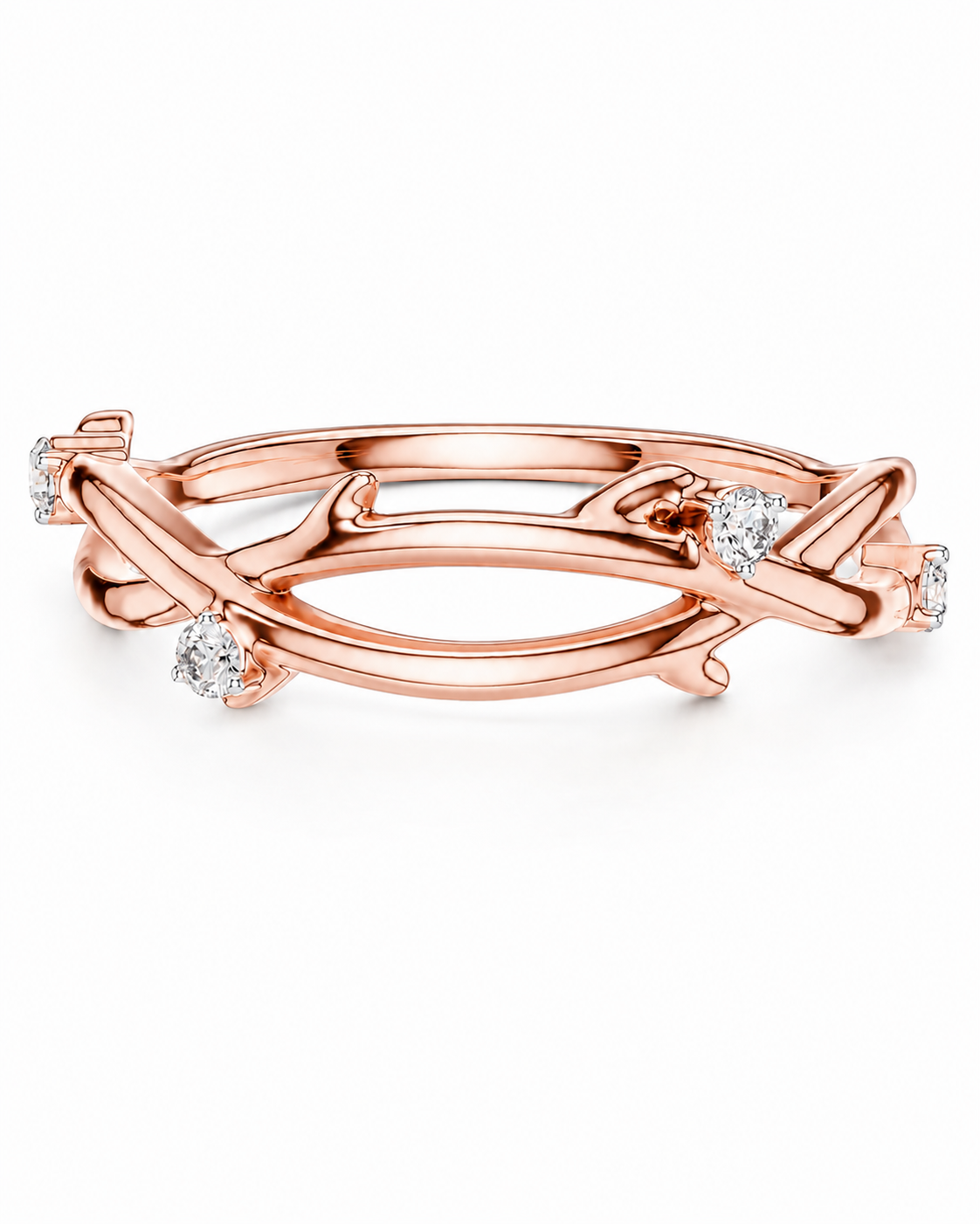 color_10K_RG, color_14K_RG &&A rose gold ring with a branch-like twisted design and small clear gemstones, shown on a clean white background.
