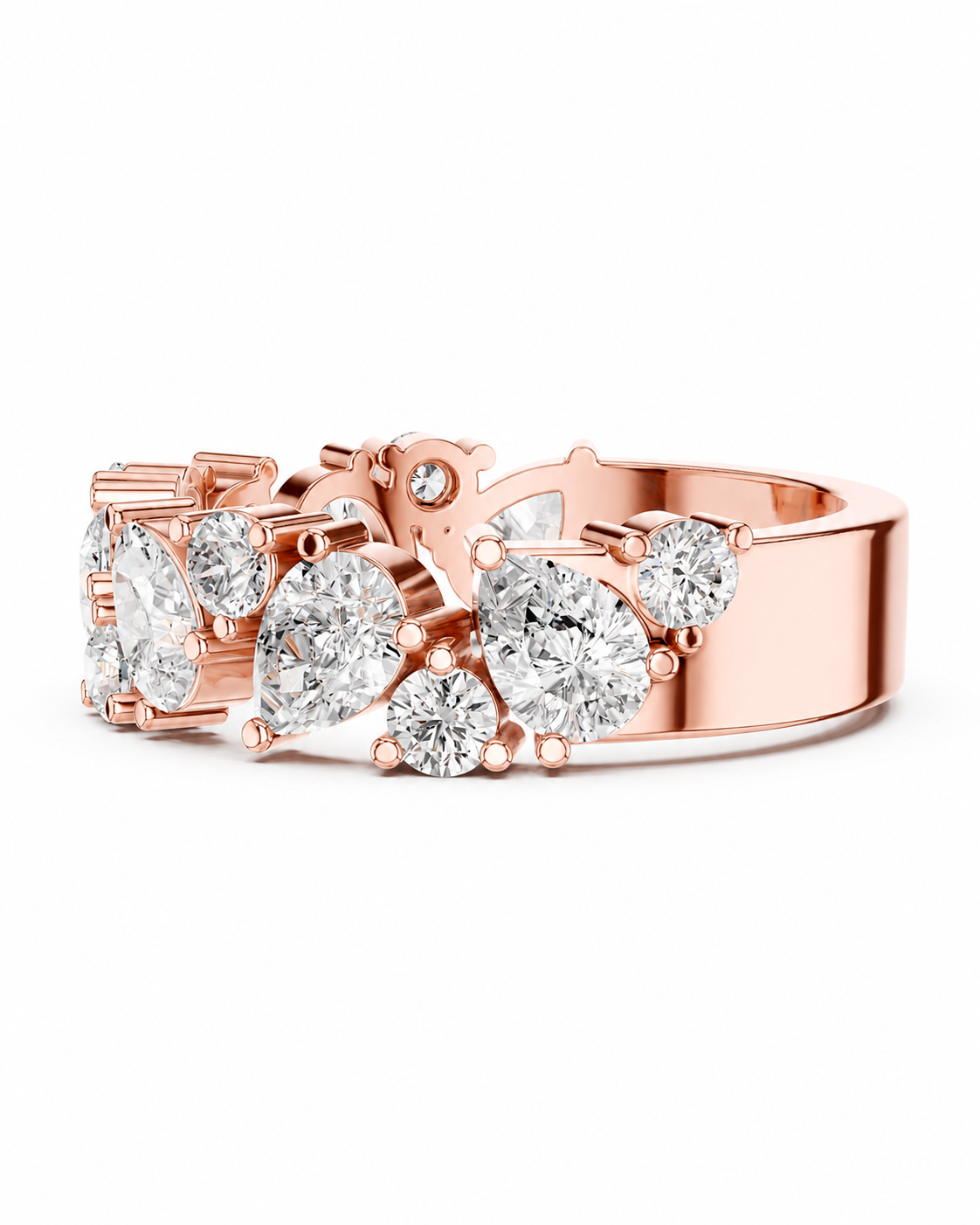 color_10K_RG, color_14K_RG &&Rose gold cluster ring with multiple round and marquise-cut clear diamonds on a white background.