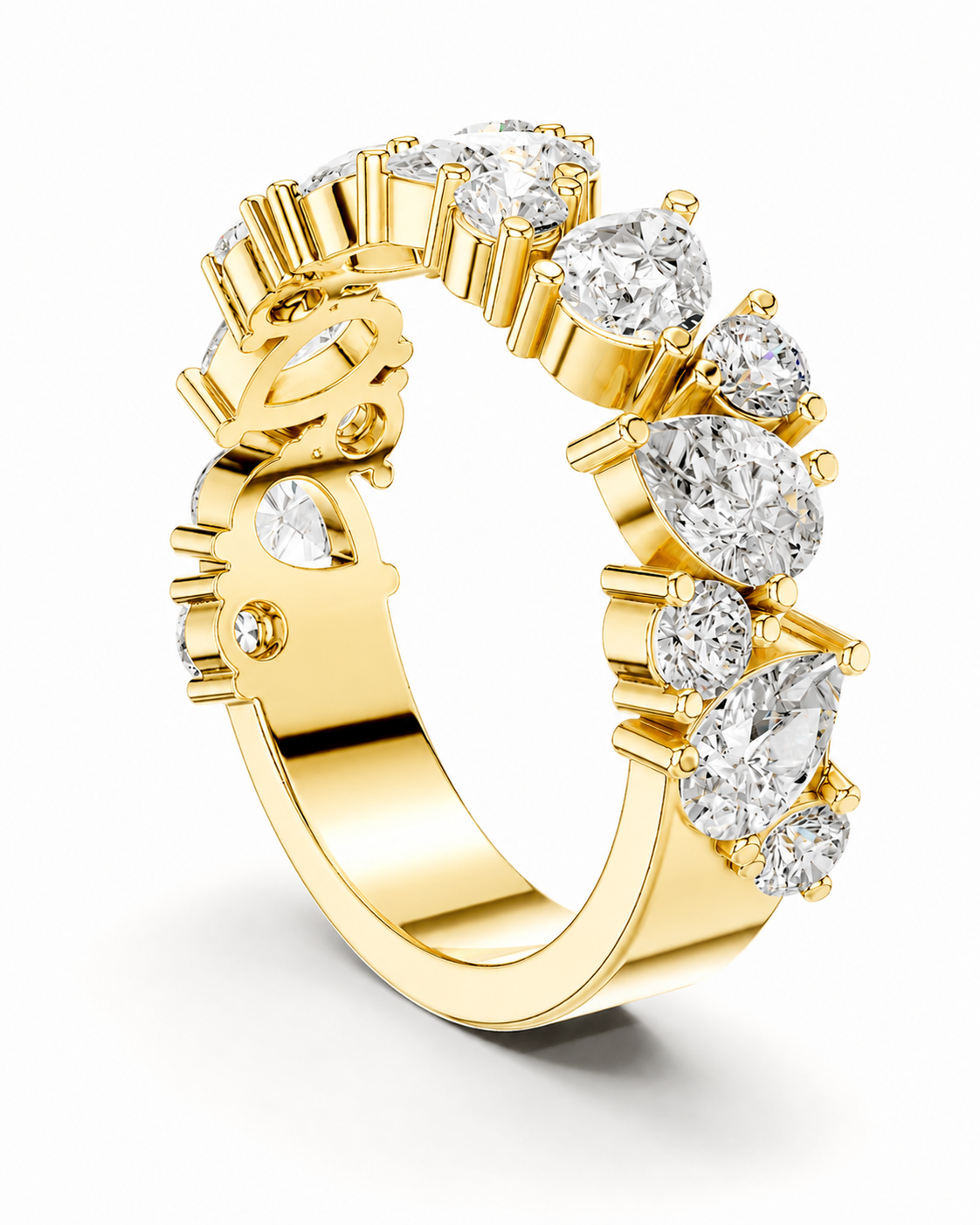 color_10K_YG, color_14K_YG &&A yellow gold eternity ring set with multiple round and marquise-cut clear diamonds, shown on a clean white background.