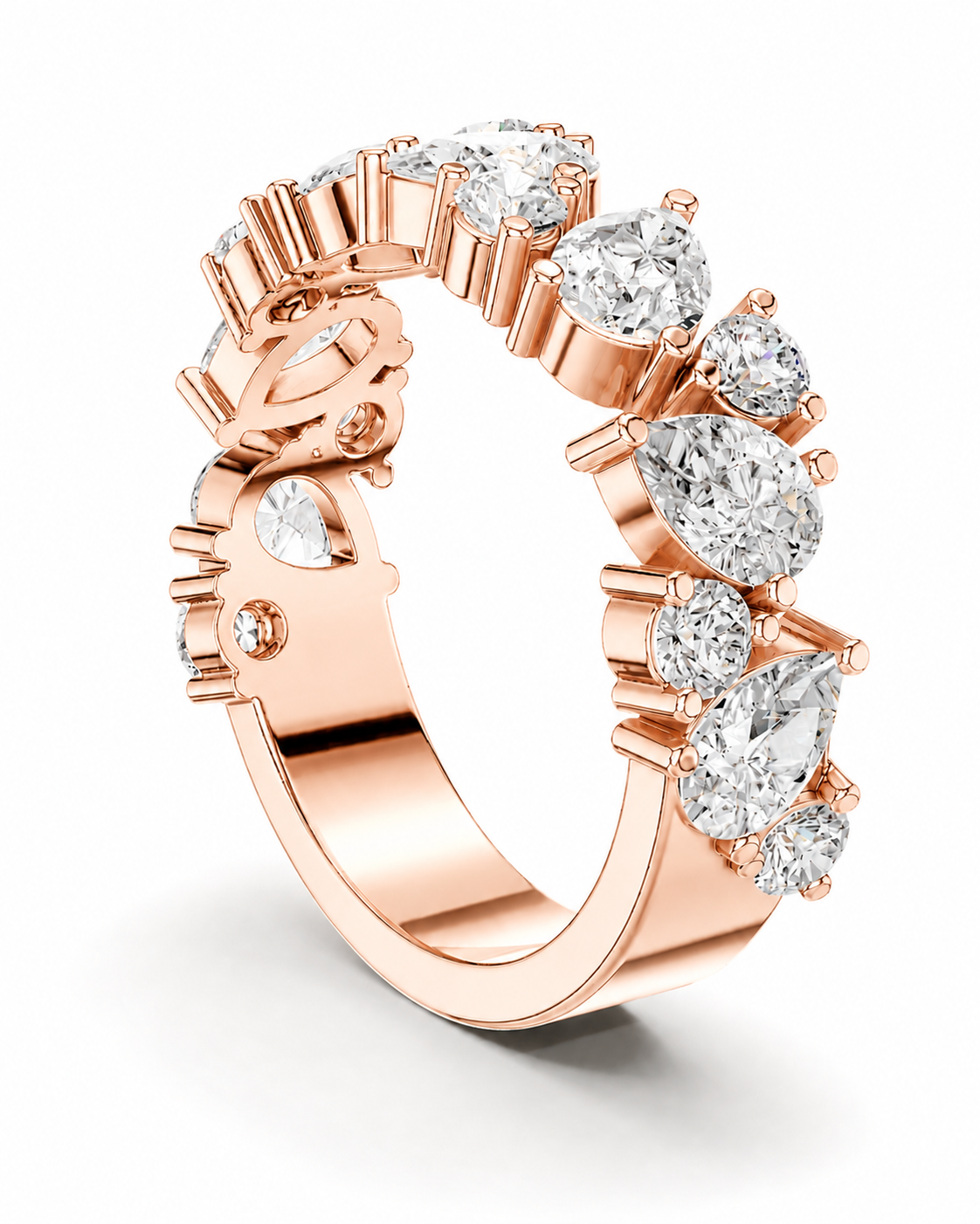 color_10K_RG, color_14K_RG &&A rose gold eternity ring featuring a continuous row of clear gemstones, including marquise and round-cut diamonds, set in a polished rose gold band against a white background.