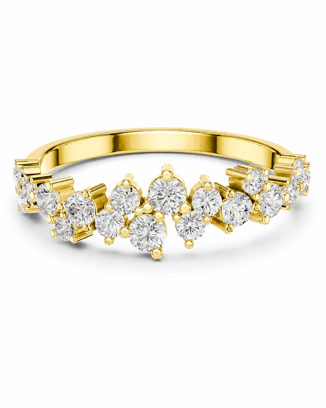 color_10K_YG, color_14K_YG &&A yellow gold diamond ring with a continuous row of round-cut diamonds in a prong setting, shown on a clean white background.