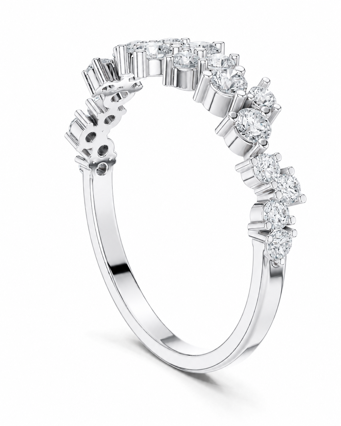 color_925_SIL,color_935_ARG,color_10K_WG, color_14K_WG &&A silver-toned diamond band ring featuring a curved row of baguette and round-cut diamonds in prong settings, shown on a clean white background.