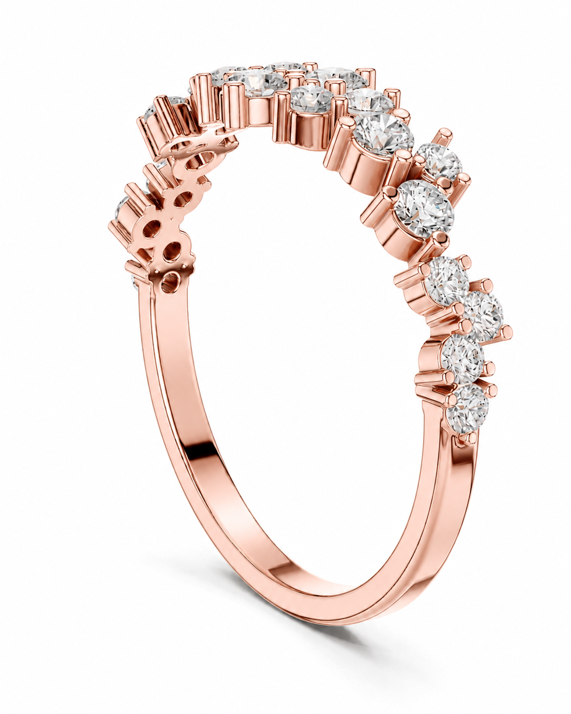 color_10K_RG, color_14K_RG &&Rose gold eternity ring featuring a curved row of round-cut clear gemstones, shown on a clean white background.