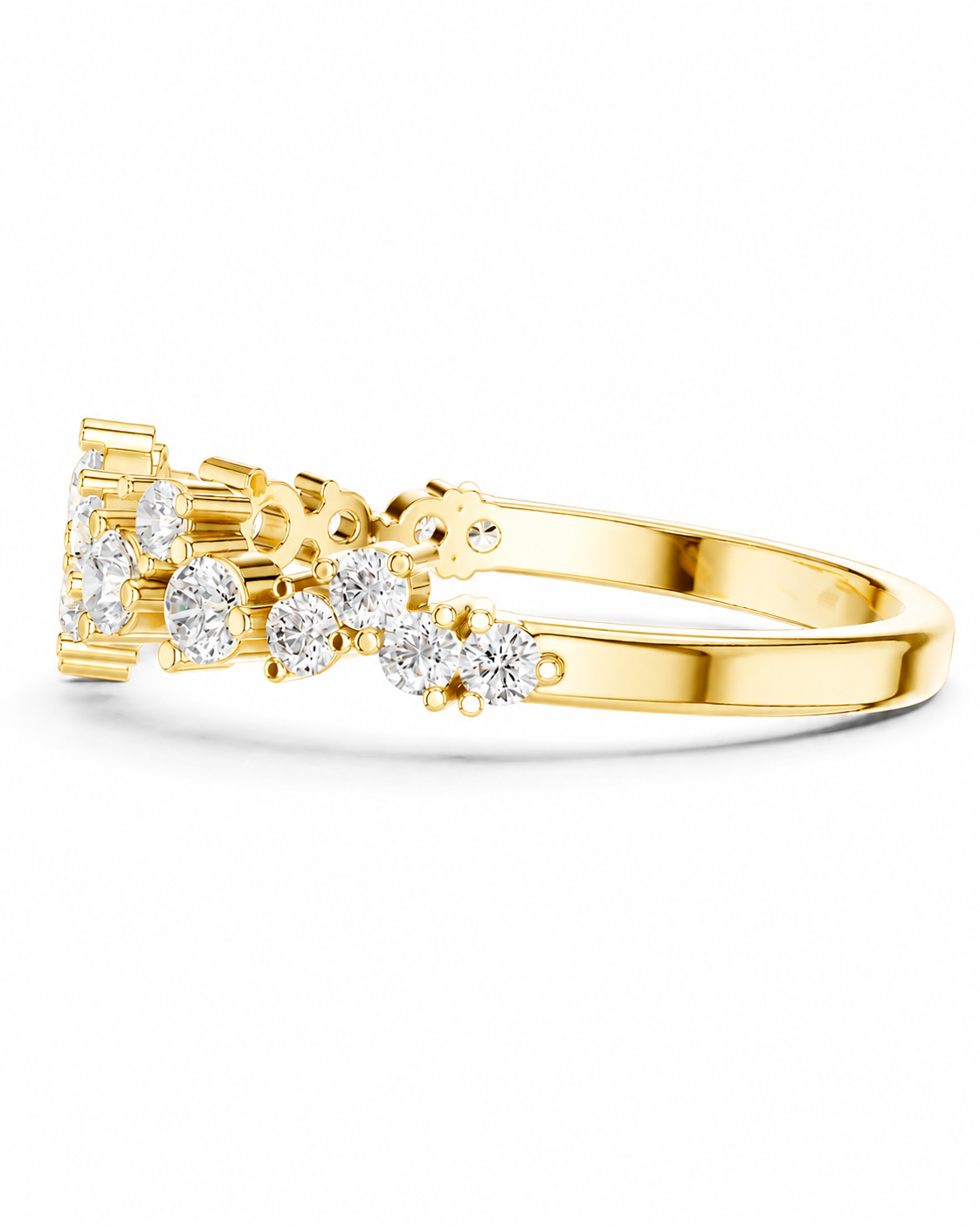 color_10K_YG, color_14K_YG &&A yellow gold ring featuring a decorative floral cluster with clear round-cut gemstones, shown on a clean white background.