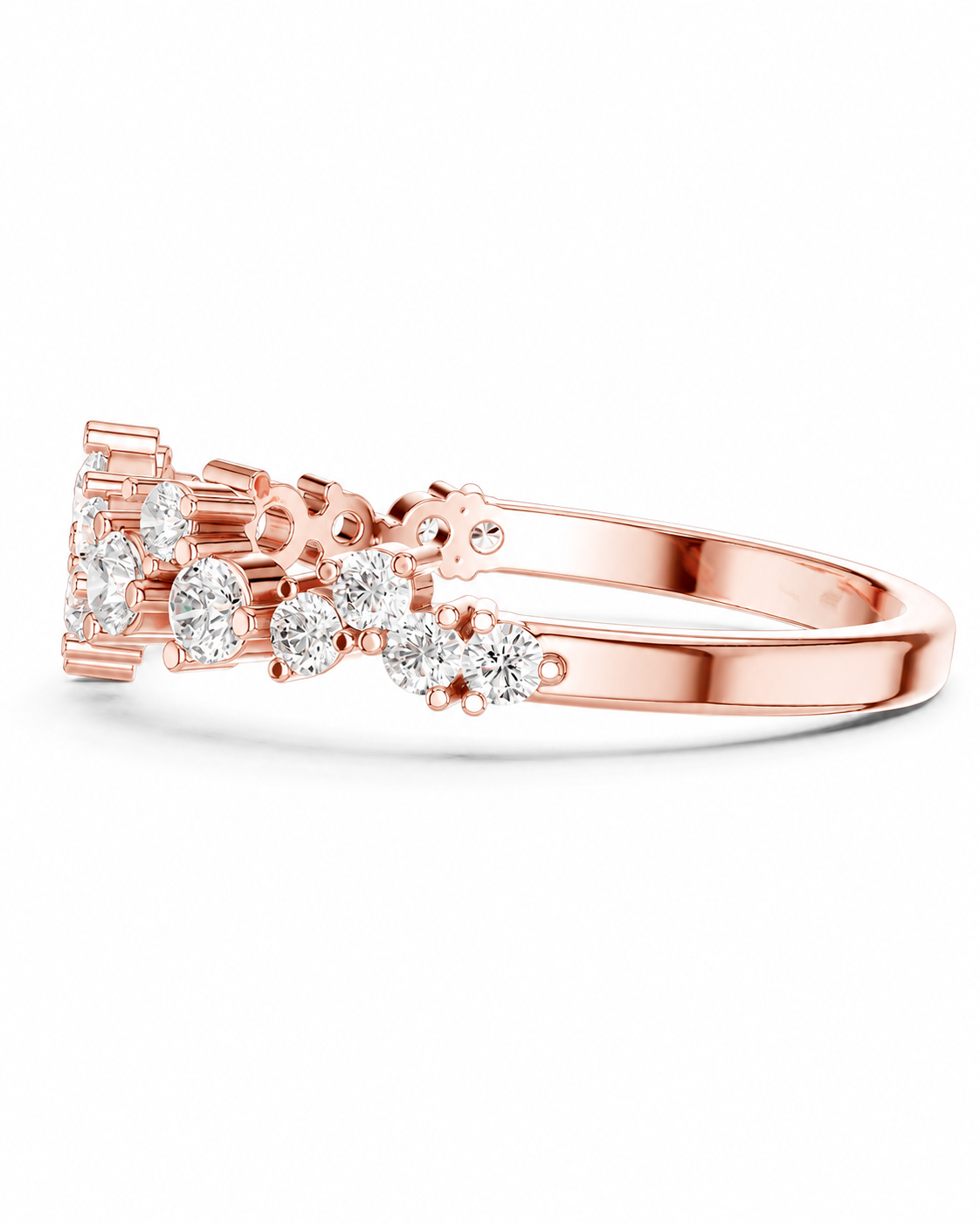 color_10K_RG, color_14K_RG &&Rose gold diamond ring with a cluster of round and marquise-cut diamonds on the band, set against a clean white background.