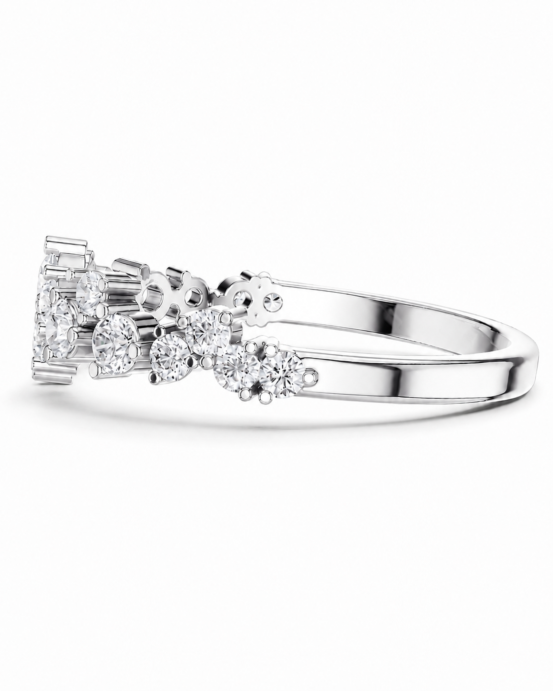 color_925_SIL,color_935_ARG,color_10K_WG, color_14K_WG &&A silver diamond ring with a cluster of round and baguette-cut diamonds on a polished band, shown against a plain white background.