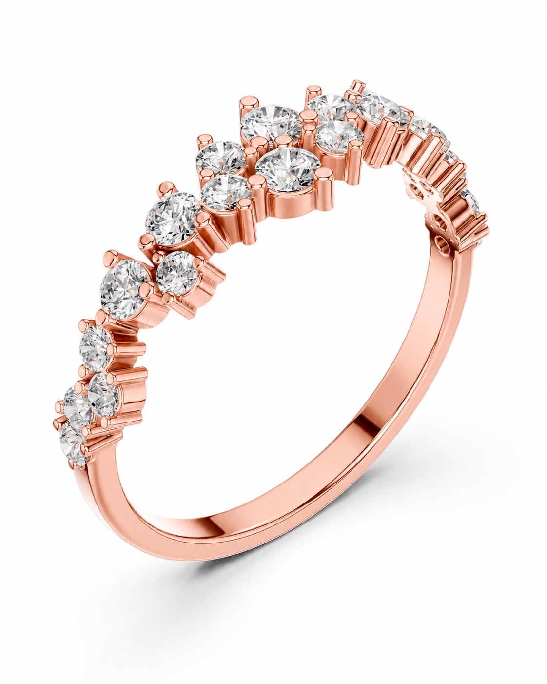 color_10K_RG, color_14K_RG &&A rose gold ring featuring a curved row of round-cut clear gemstones in a prong setting, shown on a clean white background.