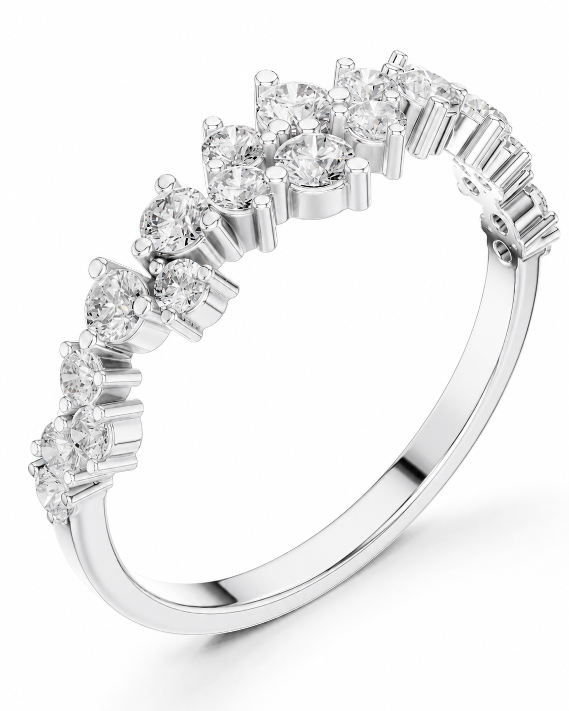 color_925_SIL,color_935_ARG,color_10K_WG, color_14K_WG &&A silver-tone diamond ring featuring a curved row of round-cut and baguette-cut diamonds on a clean white background.
