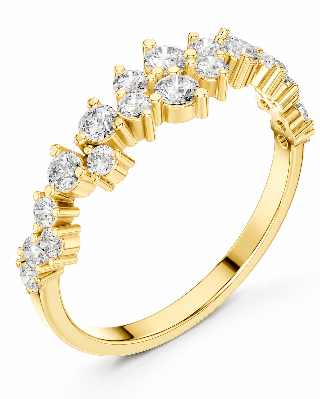 color_10K_YG, color_14K_YG &&A yellow gold ring featuring a curved row of round-cut clear gemstones in prong settings, shown on a clean white background.