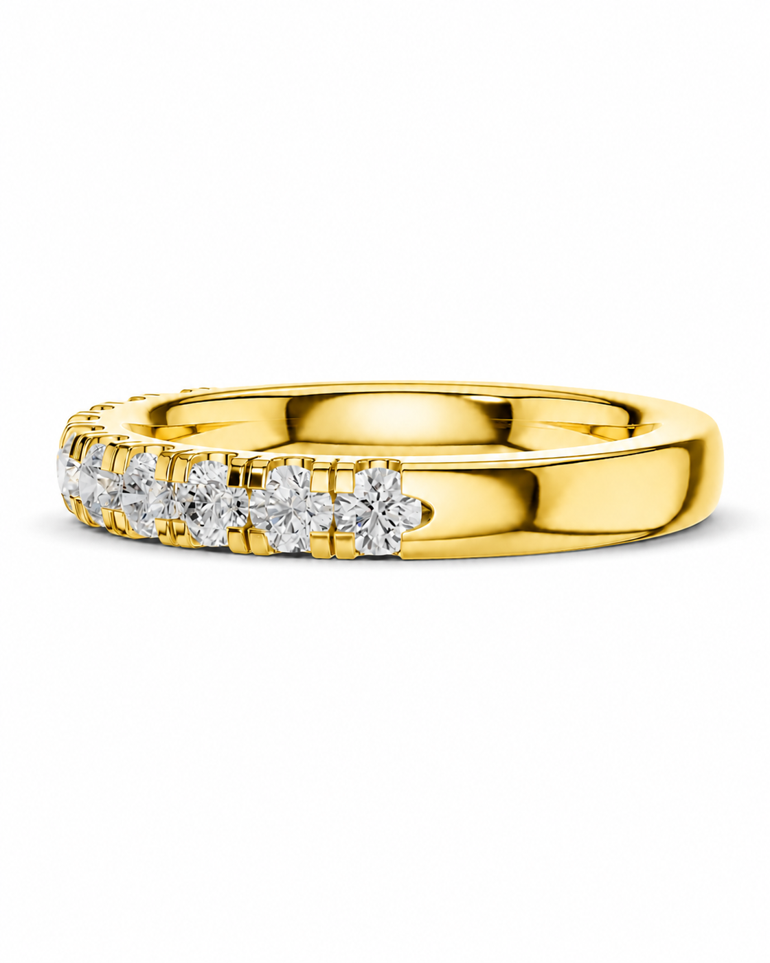color_10K_YG, color_14K_YG &&A yellow gold eternity ring featuring a row of round brilliant-cut diamonds in a prong setting, shown on a clean white background.