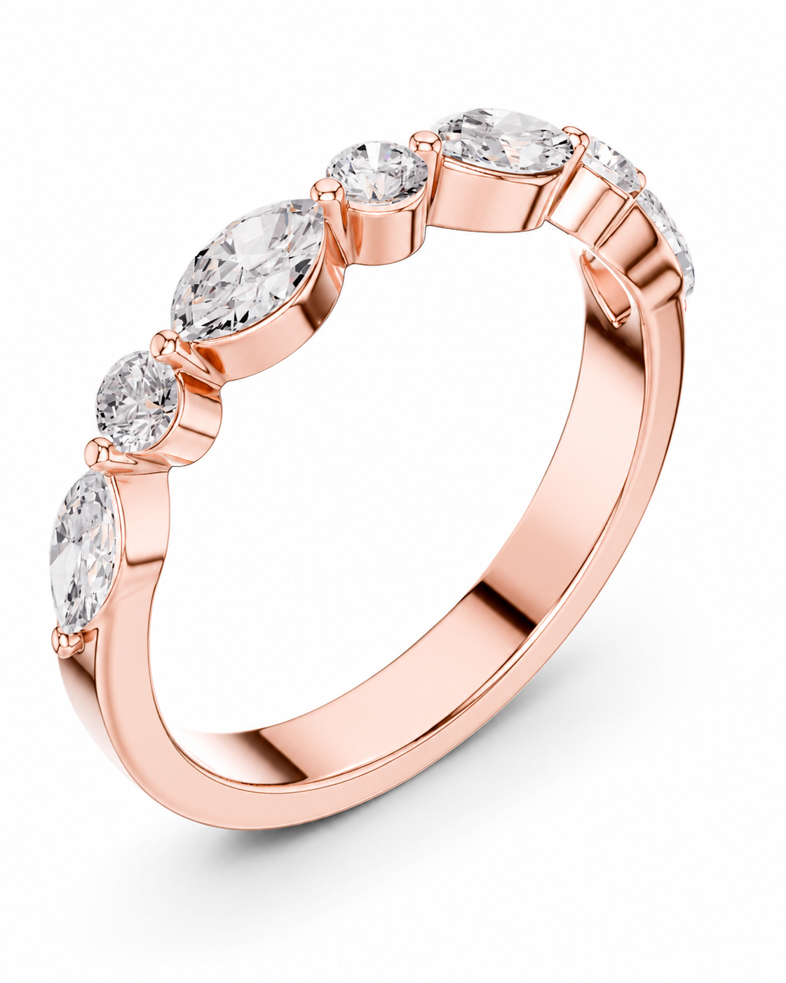 color_10K_RG, color_14K_RG &&A rose gold eternity ring featuring marquise-cut and round brilliant-cut clear gemstones in a row, set on a polished rose gold band, shown on a clean white background.