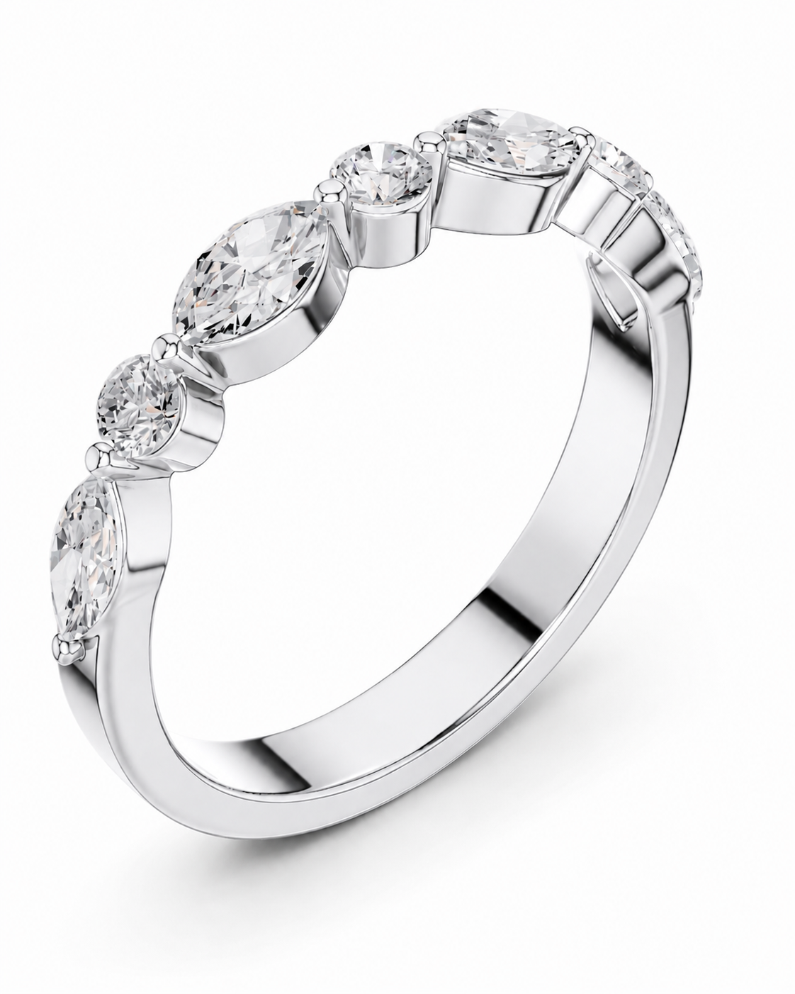 color_925_SIL,color_935_ARG,color_10K_WG, color_14K_WG &&A silver-toned diamond ring featuring a row of marquise-cut and round brilliant-cut diamonds set in a polished white metal band, shown on a clean white background.