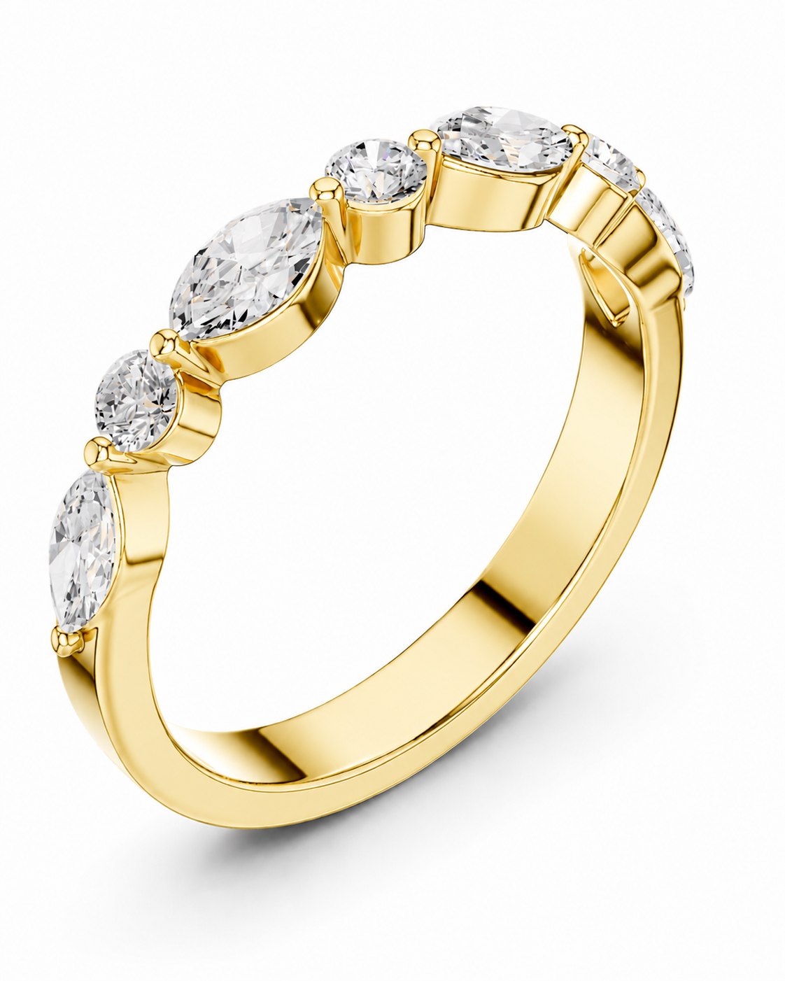 color_10K_YG, color_14K_YG &&A yellow gold ring featuring a row of marquise-cut and round brilliant-cut clear gemstones in a prong setting, shown on a clean white background.