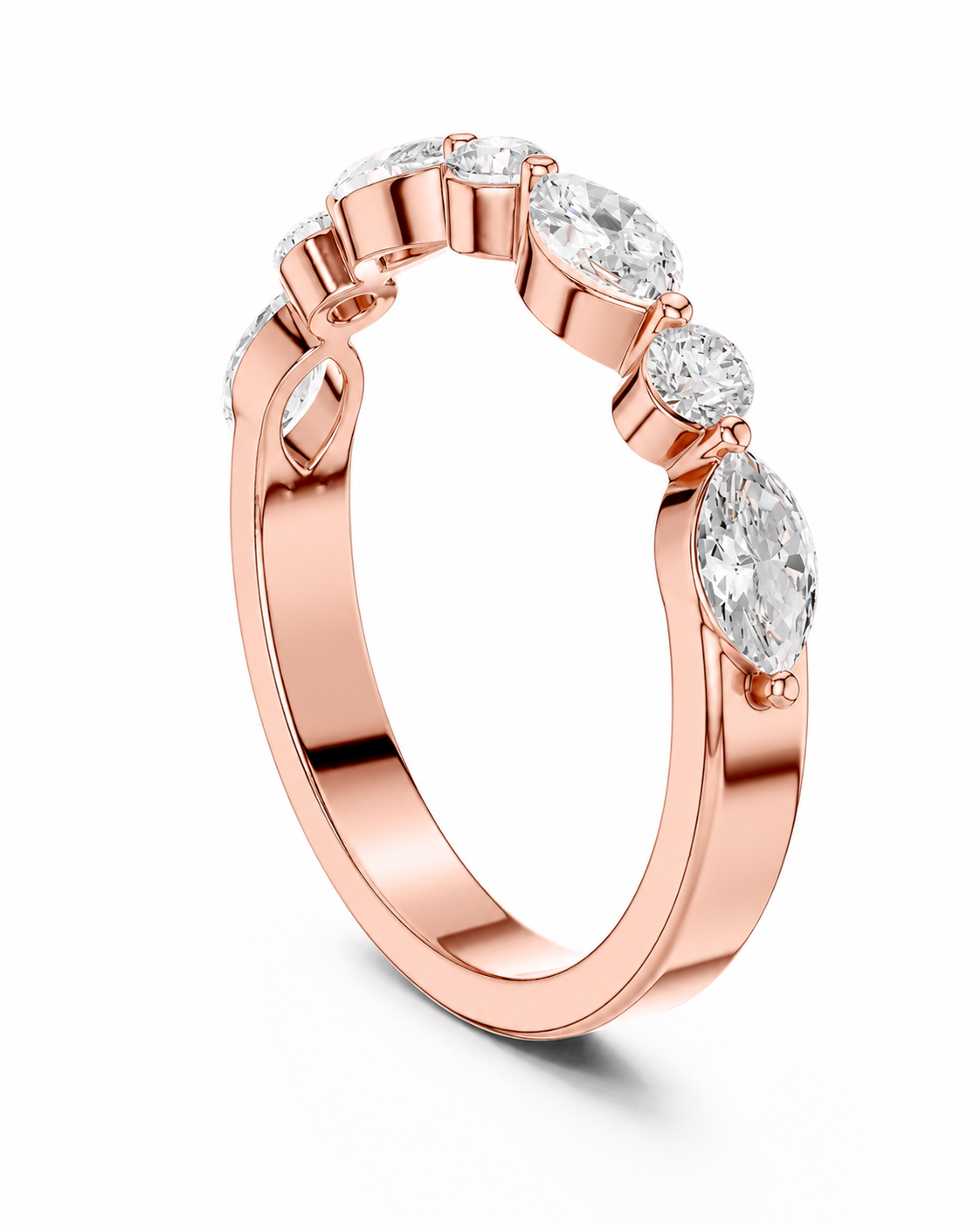 color_10K_RG, color_14K_RG &&A rose gold eternity ring featuring a row of clear round and marquise-cut gemstones, shown on a clean white background.