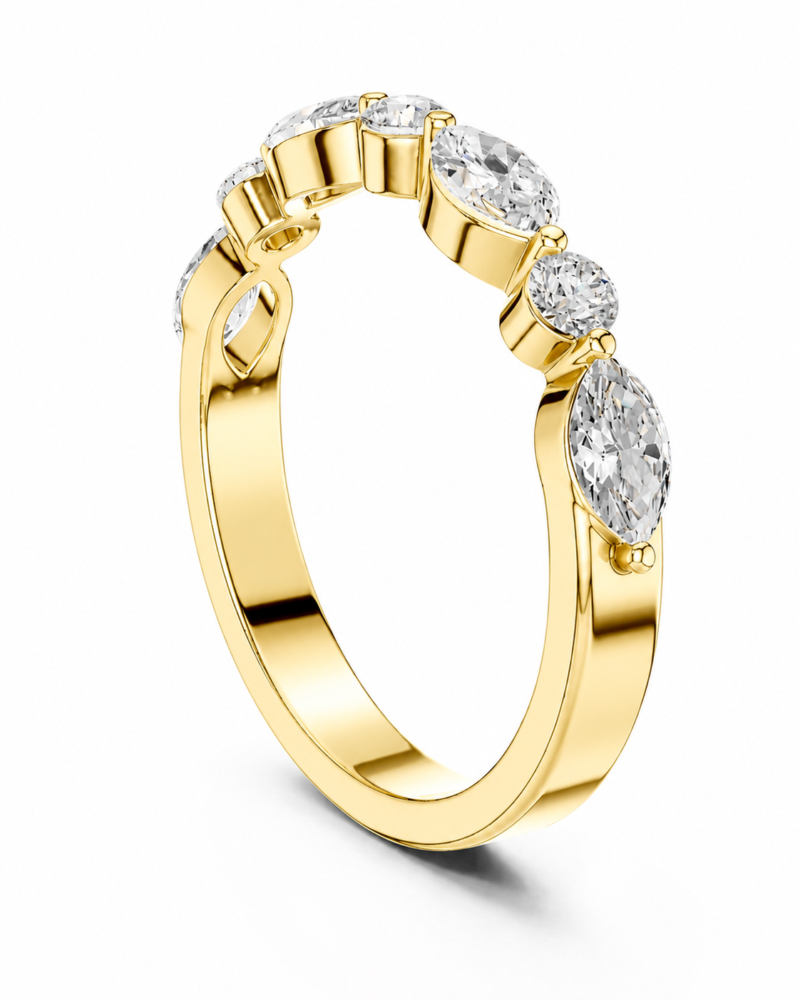 color_10K_YG, color_14K_YG &&A yellow gold eternity-style ring featuring a row of clear round and marquise-cut gemstones, shown on a clean white background.